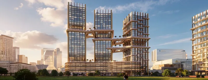 Rendering of Radiant Bridges Towers: three towers linked by sky bridges above a shared podium