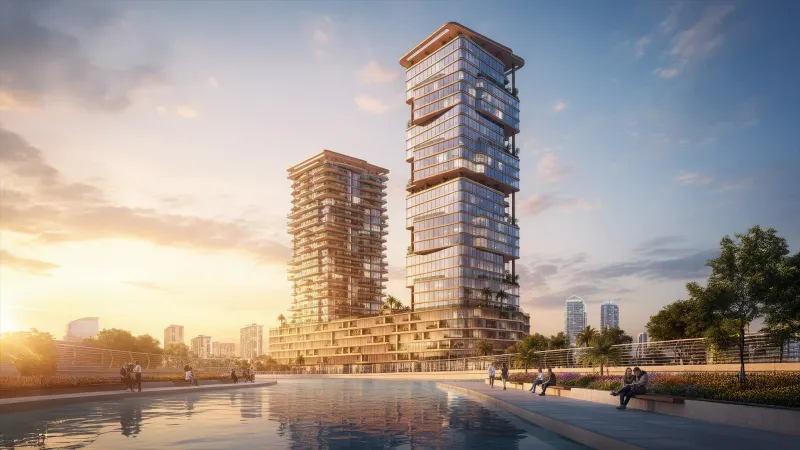 Radiant Atrium Towers reflected in the canal at sunset
