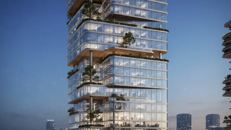 Glass tower façade with landscaped terraces at dusk