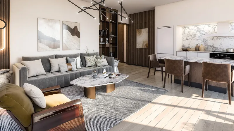 Open-plan living and dining area with kitchen