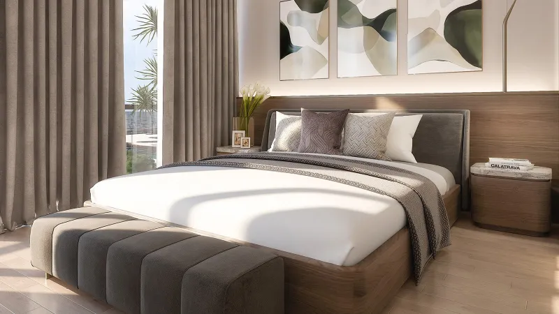 Bedroom with full-height curtains