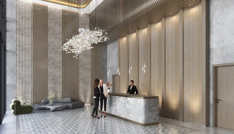 Double-height entrance lobby with reception desk