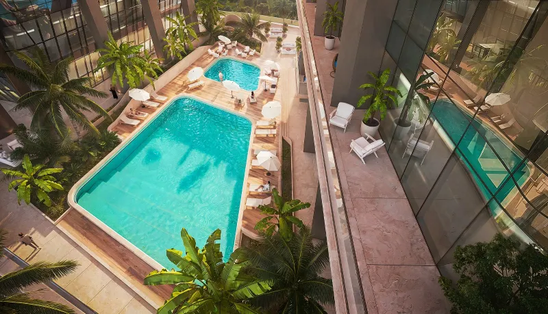Aerial view of the pool deck and landscaped terrace