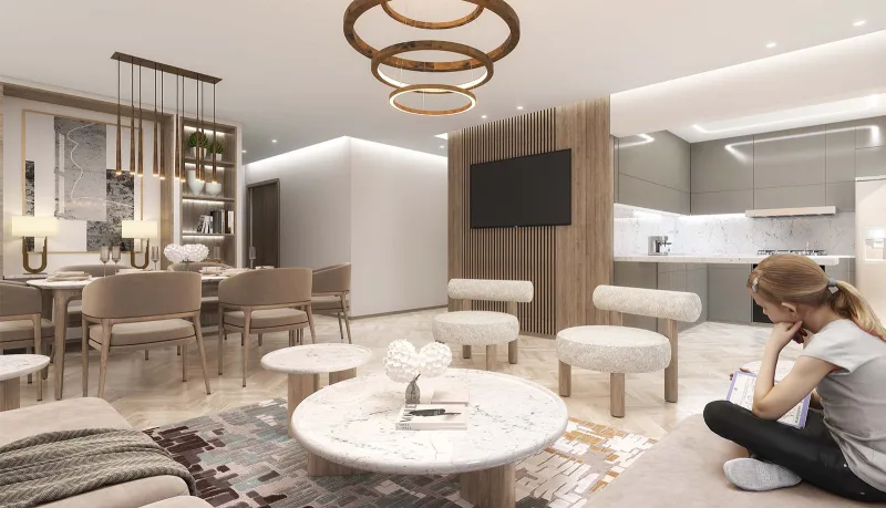 Open-plan living, dining and kitchen area