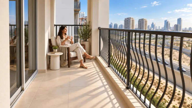 Private balcony at Trace Park overlooking the Dubai skyline