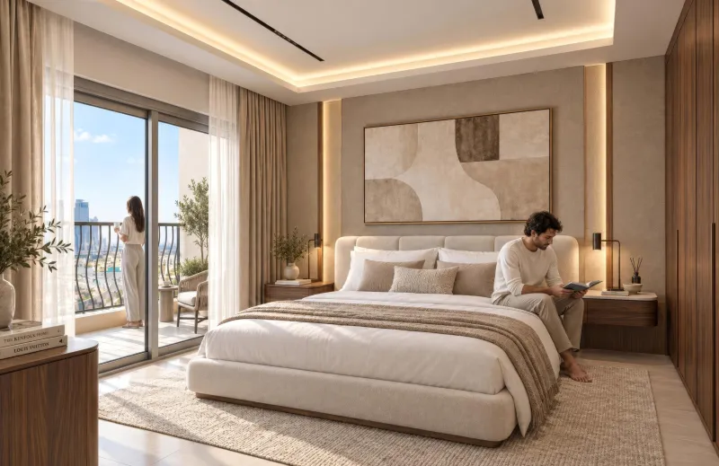 Bedroom of a Trace Park apartment with balcony access