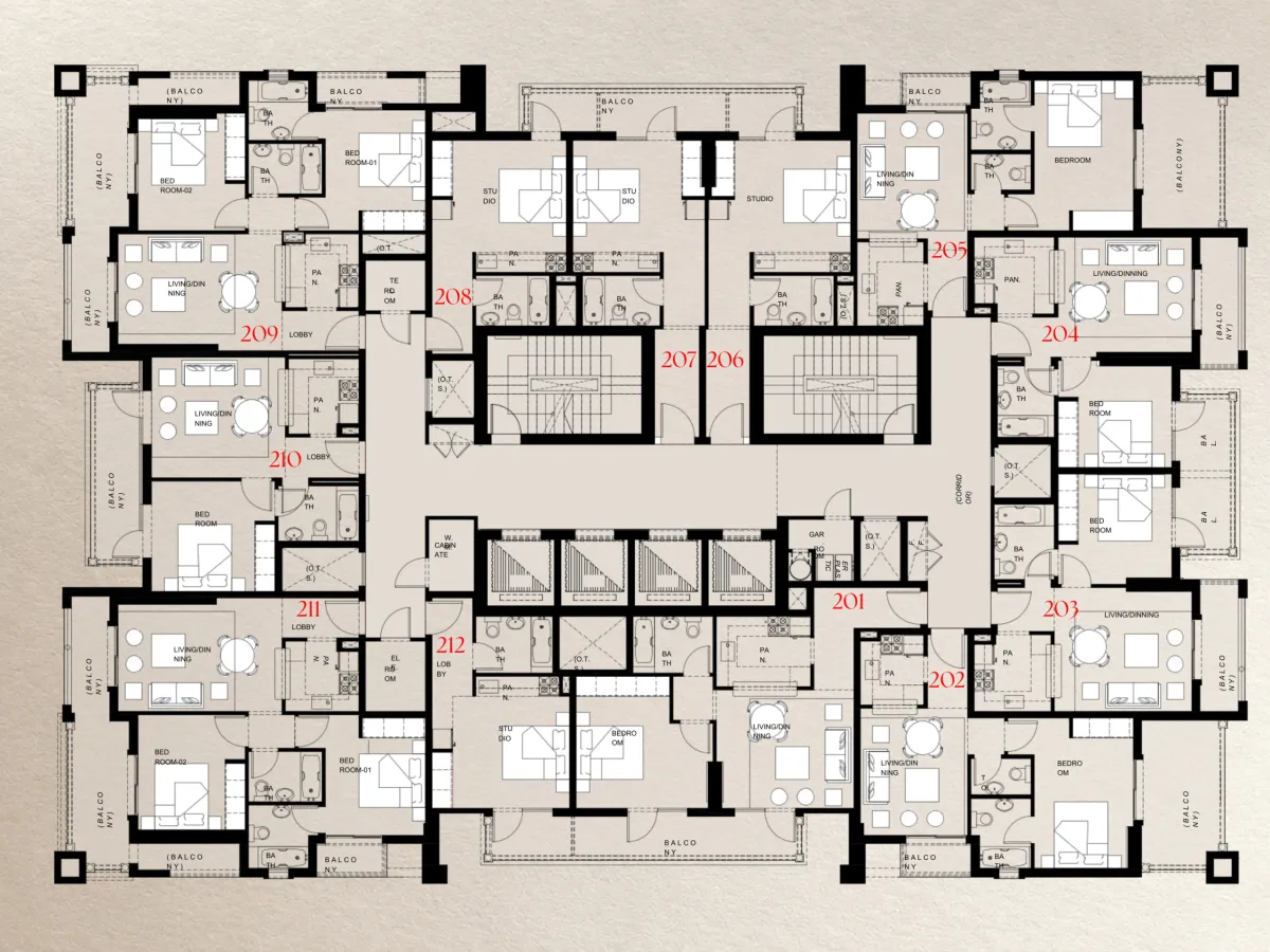 Second Floor floor plate of Trace Park showing 12 numbered homes