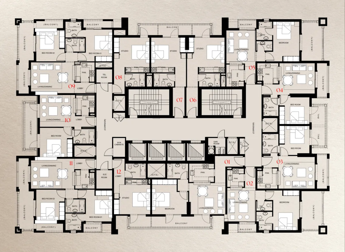 Third To Ninth Floors floor plate of Trace Park showing 12 numbered homes