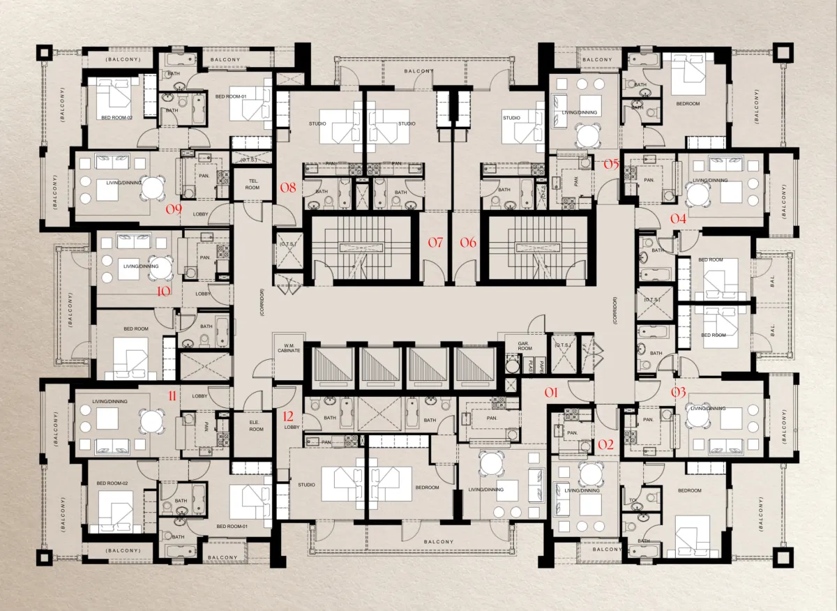 Tenth Floor floor plate of Trace Park showing 12 numbered homes