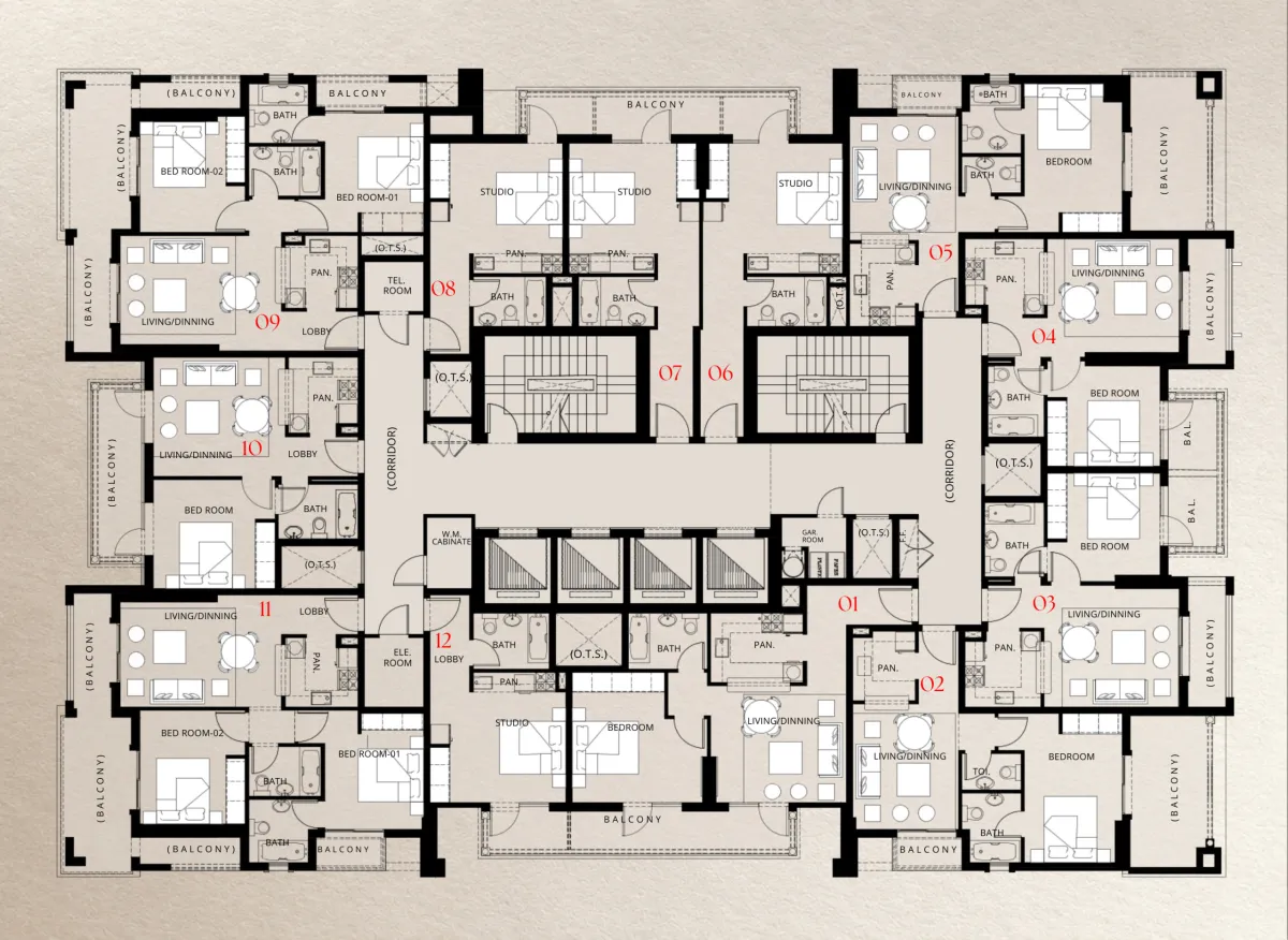 Eleventh Floor floor plate of Trace Park showing 12 numbered homes