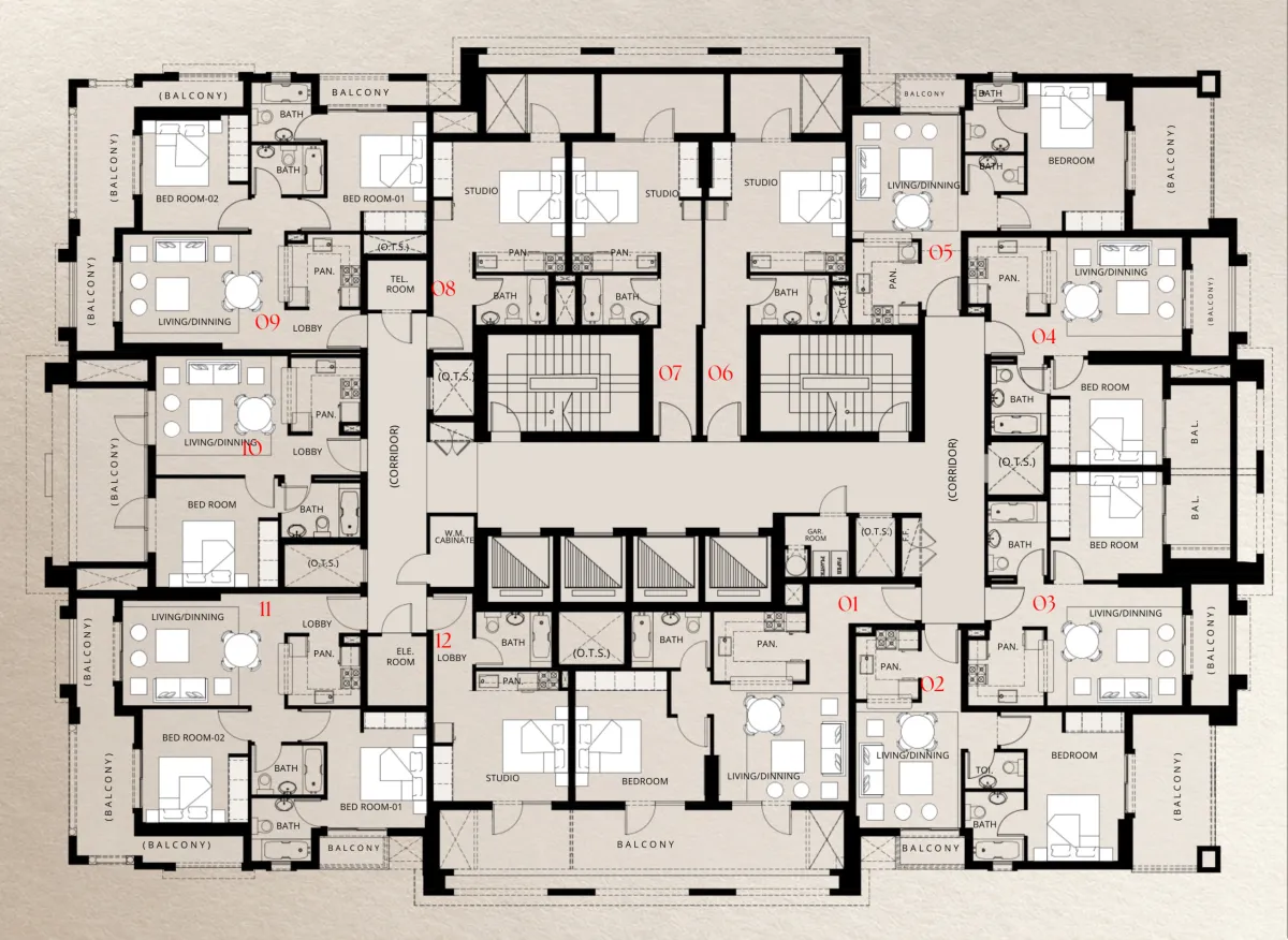 Twelfth Floor floor plate of Trace Park showing 12 numbered homes