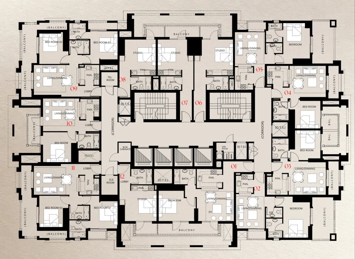 Thirteenth Floor floor plate of Trace Park showing 12 numbered homes