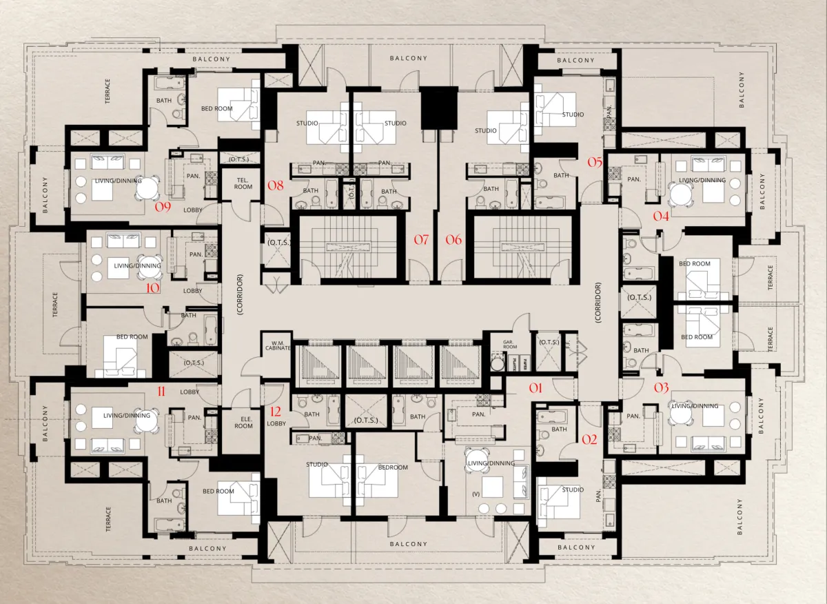 Fourteenth Floor floor plate of Trace Park showing 12 numbered homes