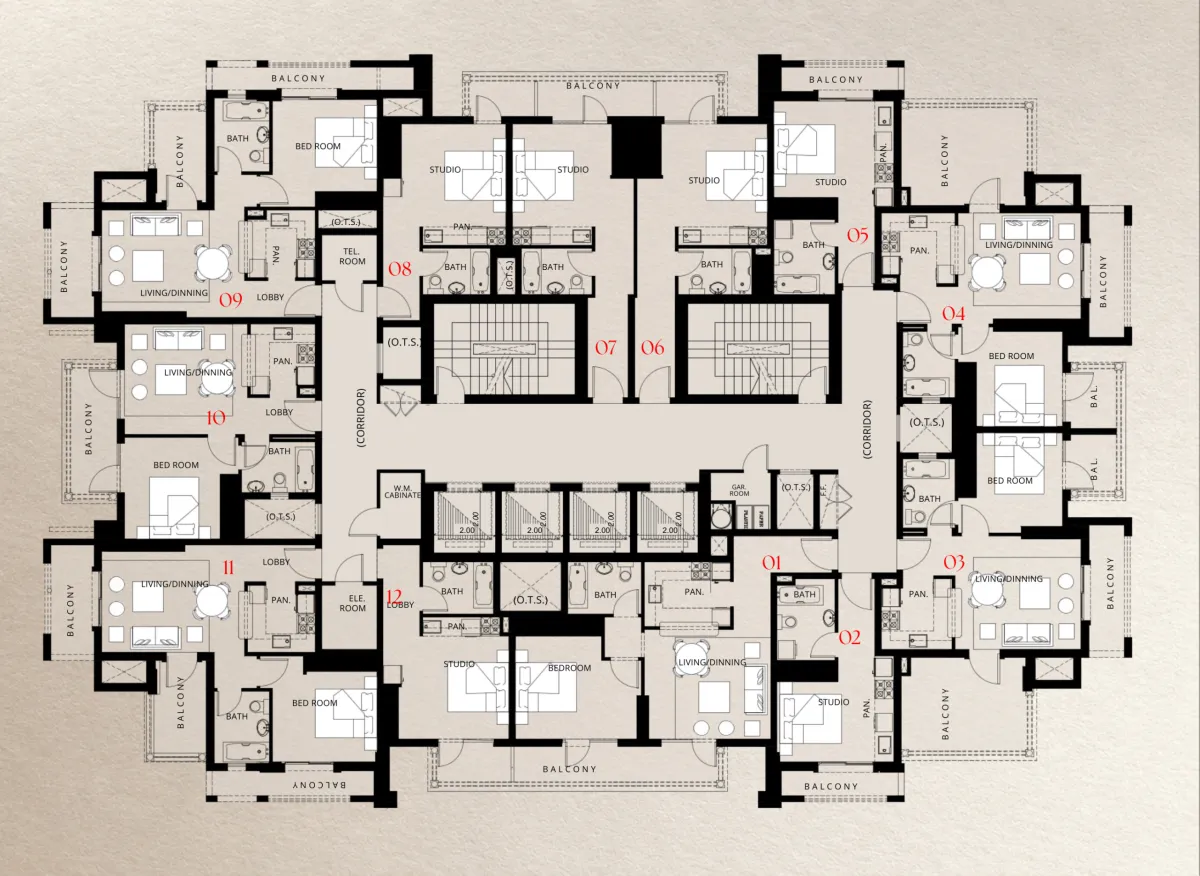 Fifteenth And Sixteenth Floors floor plate of Trace Park showing 12 numbered homes