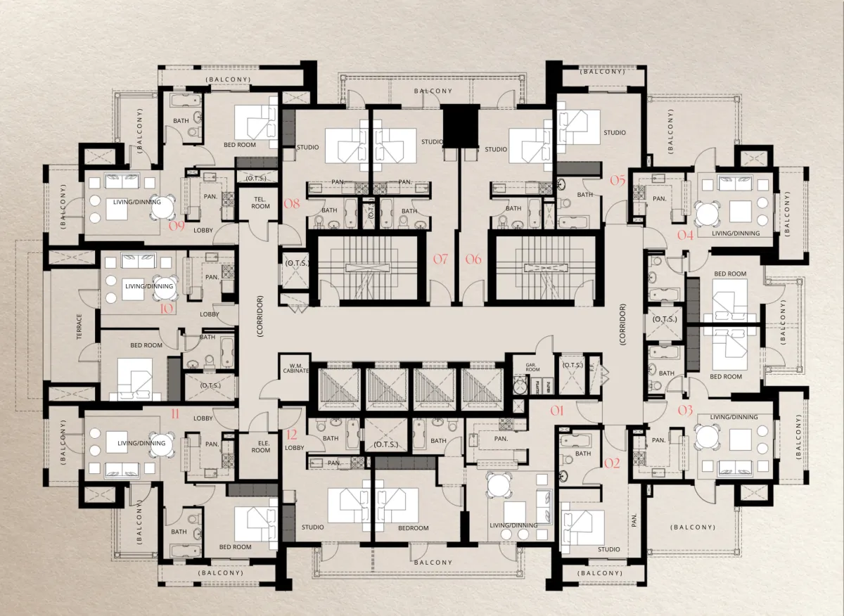 Seventeenth Floor floor plate of Trace Park showing 12 numbered homes