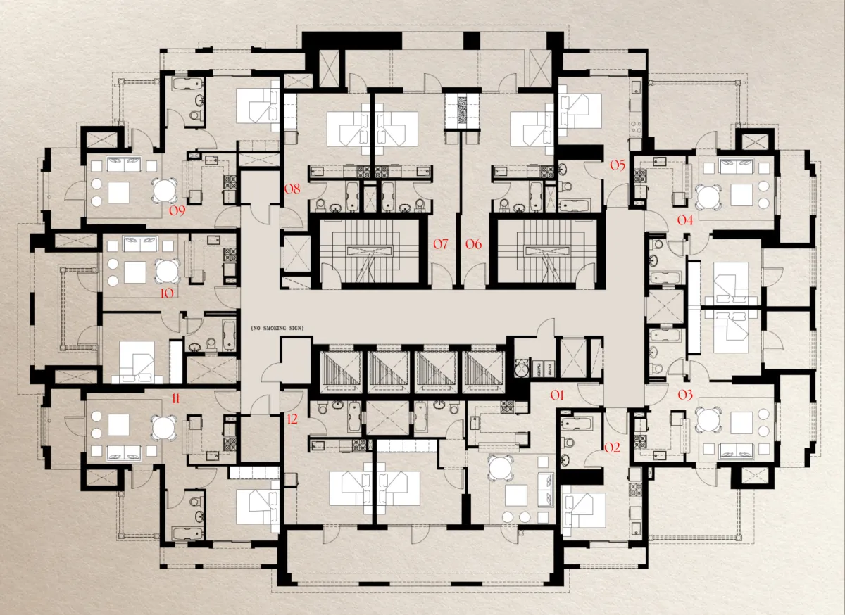 Eighteenth Floor floor plate of Trace Park showing 12 numbered homes