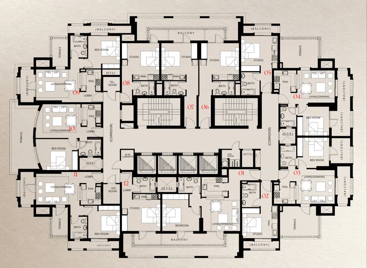 Nineteenth Floor floor plate of Trace Park showing 12 numbered homes