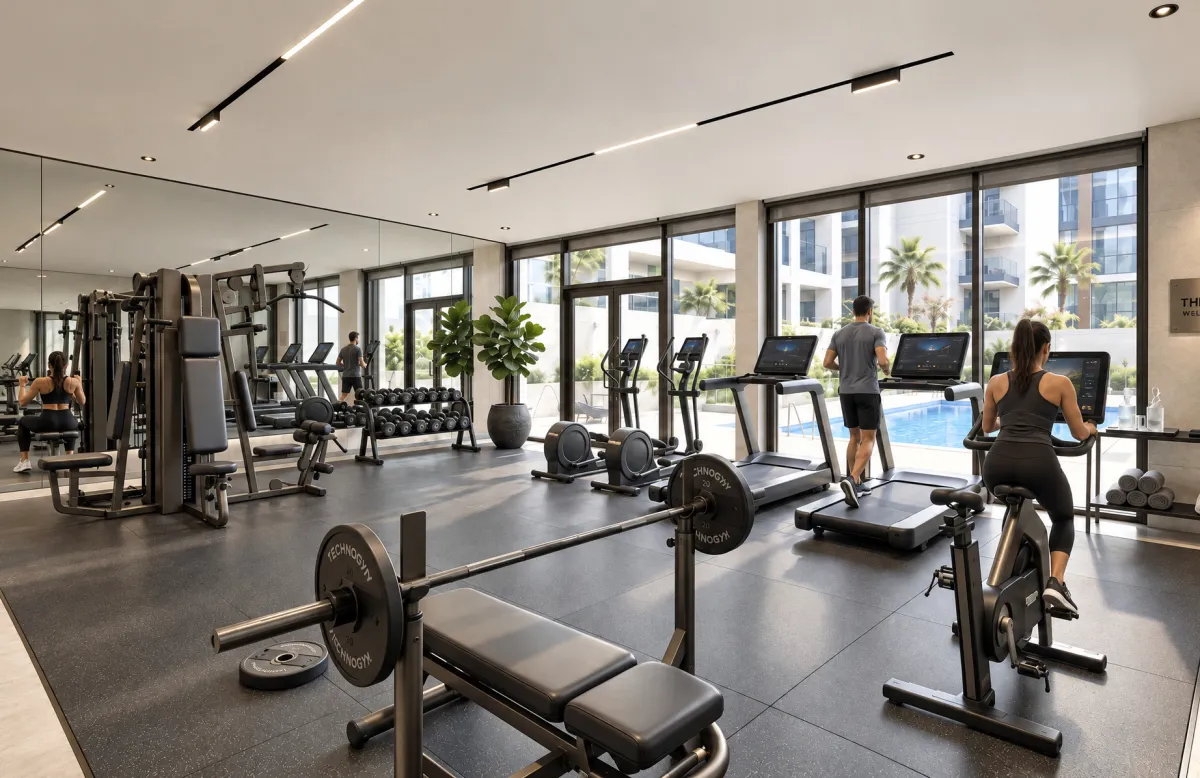 Fitness centre at Trace Park overlooking the swimming pool