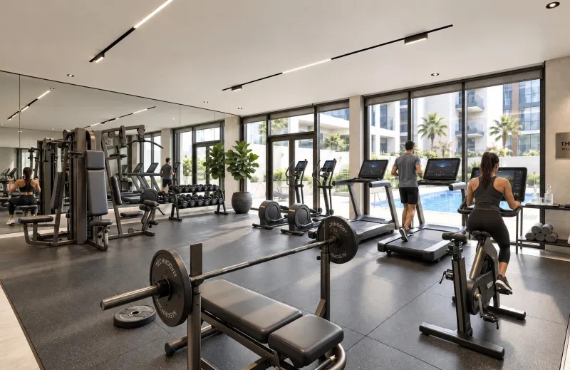 Fitness centre at Trace Park overlooking the swimming pool