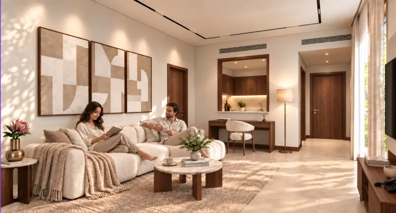 Living room of a Trace Park apartment with sofa, desk and wood finishes