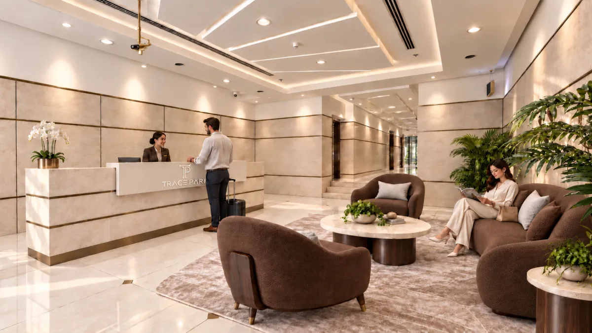 Reception lobby at Trace Park with marble desk and lounge seating