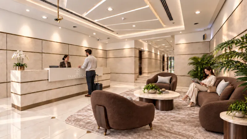 Reception lobby at Trace Park with marble desk and lounge seating