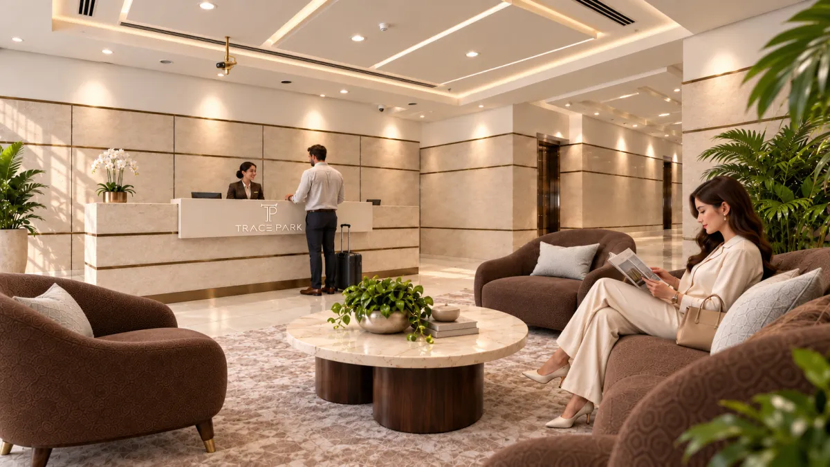 Lounge seating in the Trace Park lobby