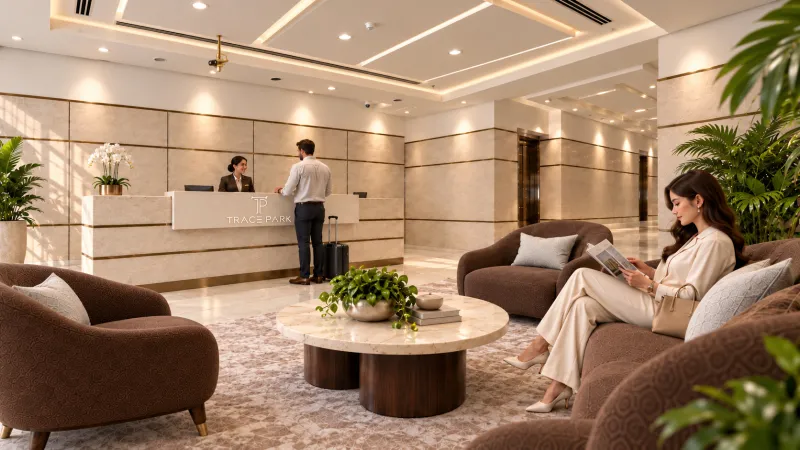 Lounge seating in the Trace Park lobby