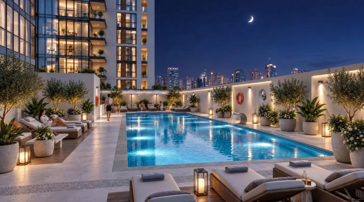 Swimming pool and sun deck at Trace Park at night