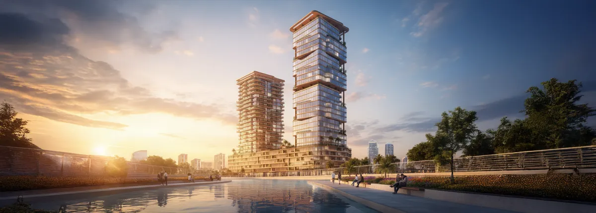 Rendering of Radiant Atrium Towers at sunset across the canal